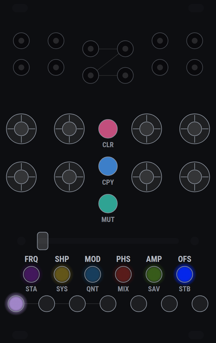 The BMCV panel: four input and eight output
                                jacks, eight encoders, the parameter row, the
                                crossfader and the seven scene buttons.